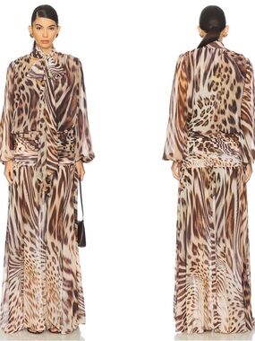 RETROFETE Opaline Long Sleeve Animal Print Ruched Draped Neck Maxi Dress Sz XS